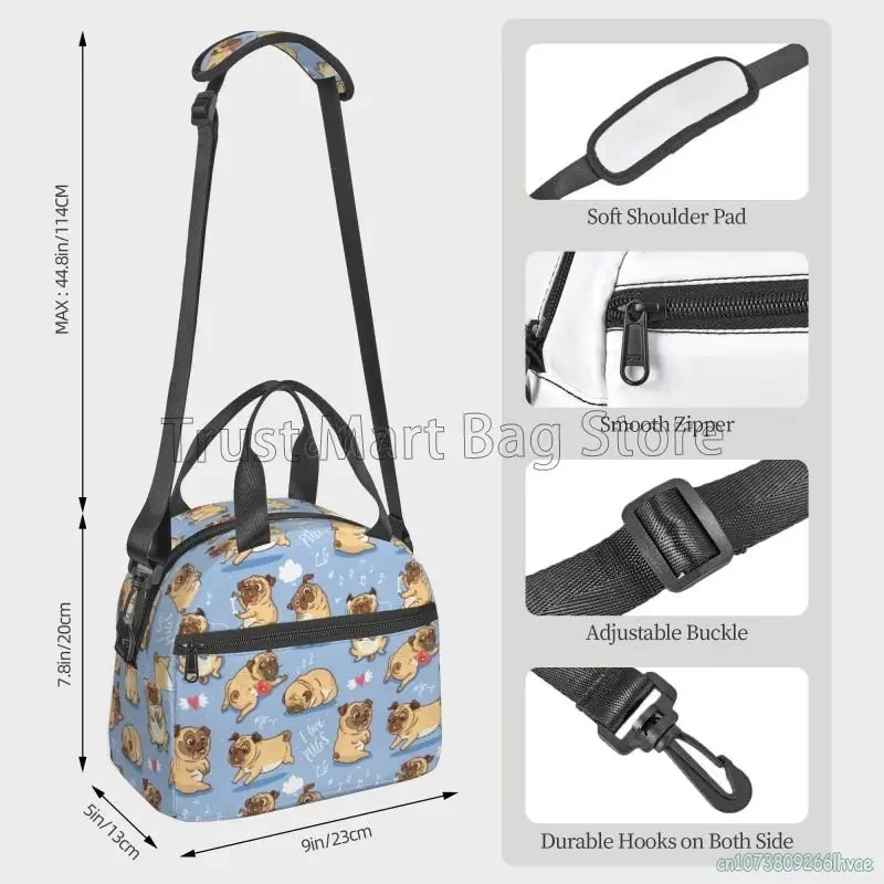 Cute Pug Dog Insulated Lunch Bag for Women Kids Thermal Lunch Box Portable Cooler Tote Bags for School Work Picnic Beach Travel