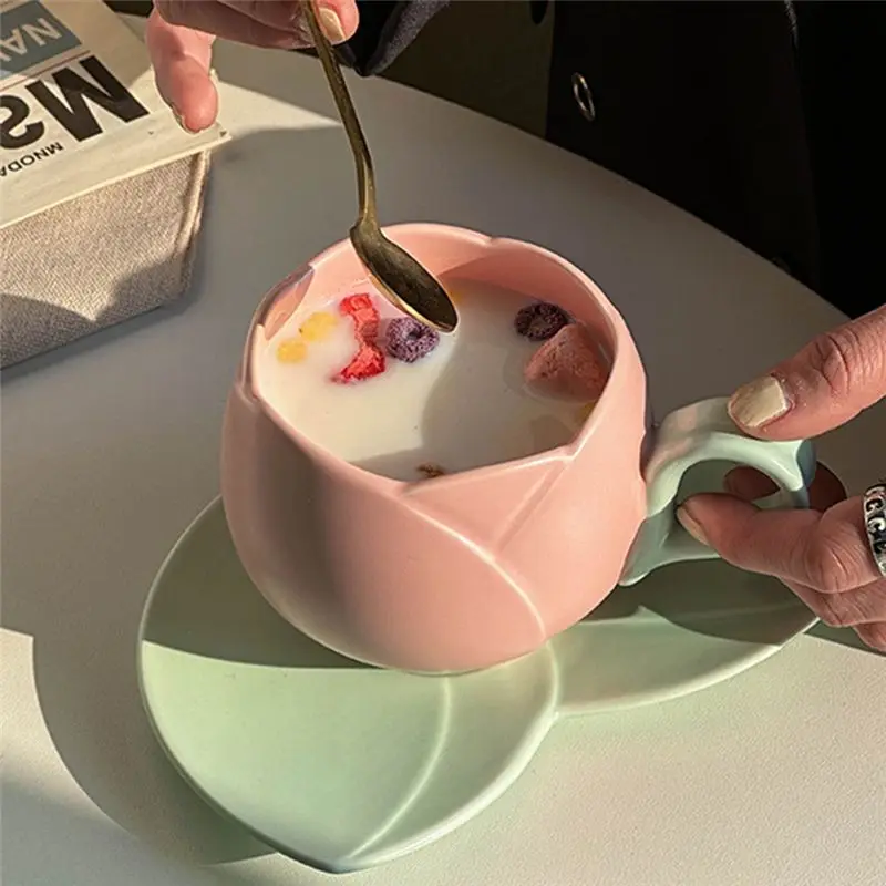 AEE4-300Ml Flower Shaped Coffee Tulip Cup Teacup Saucer Drinking Cup Tulip Mug