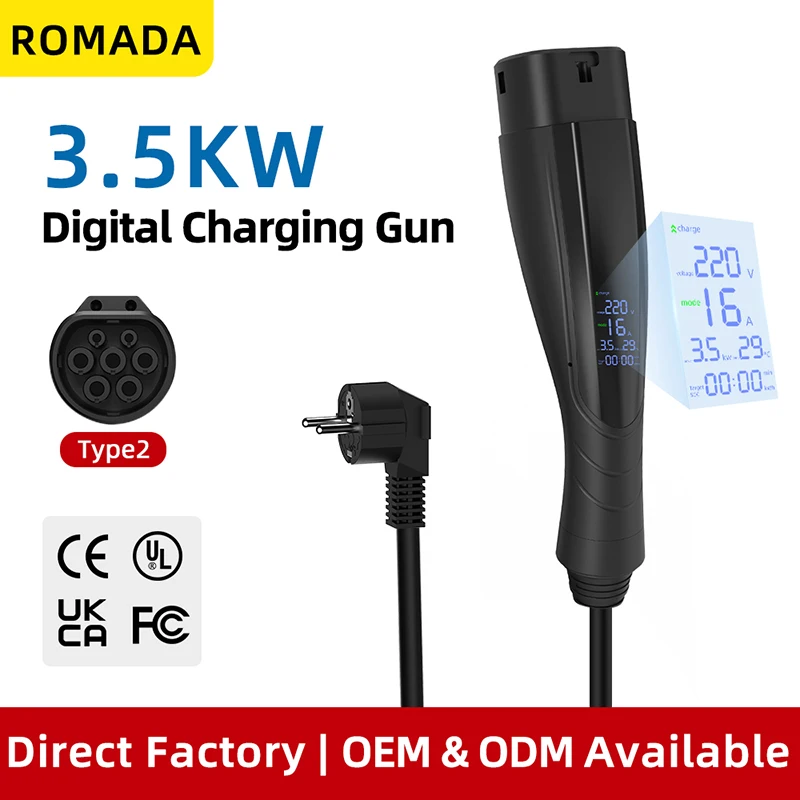 3.5KW Digital Charging Gun Portable EV Charger Type2 With EU Plug 16A Electric Vehicle Charging 5M Cable With Digital Display