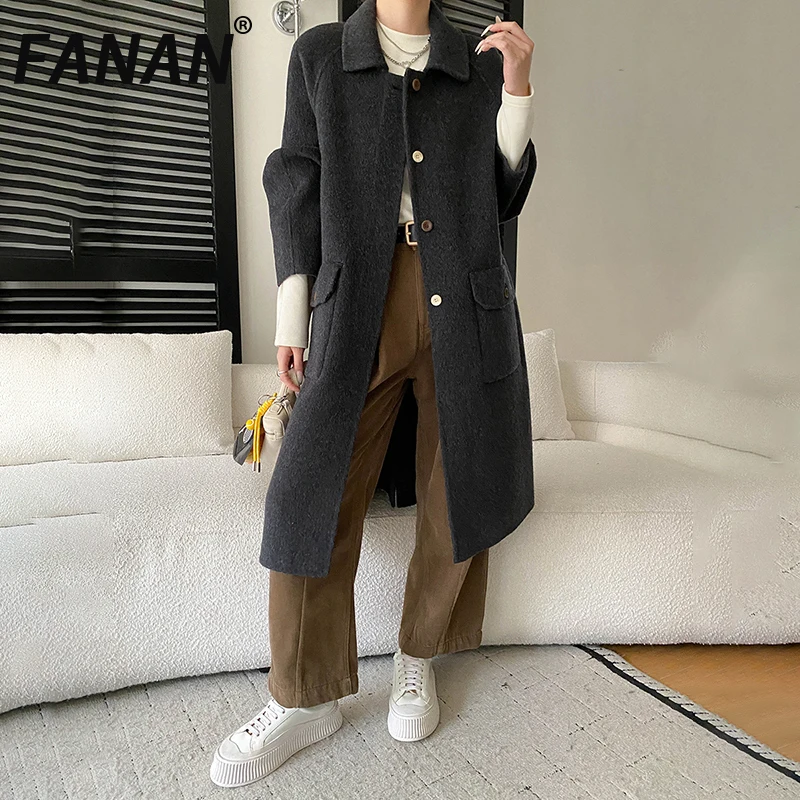 

FANAN Minimalism Woolen Long Coats For Women Lapel Single Breasted Thick Warm Jackets Office Lady Outwear Fashion Winter New