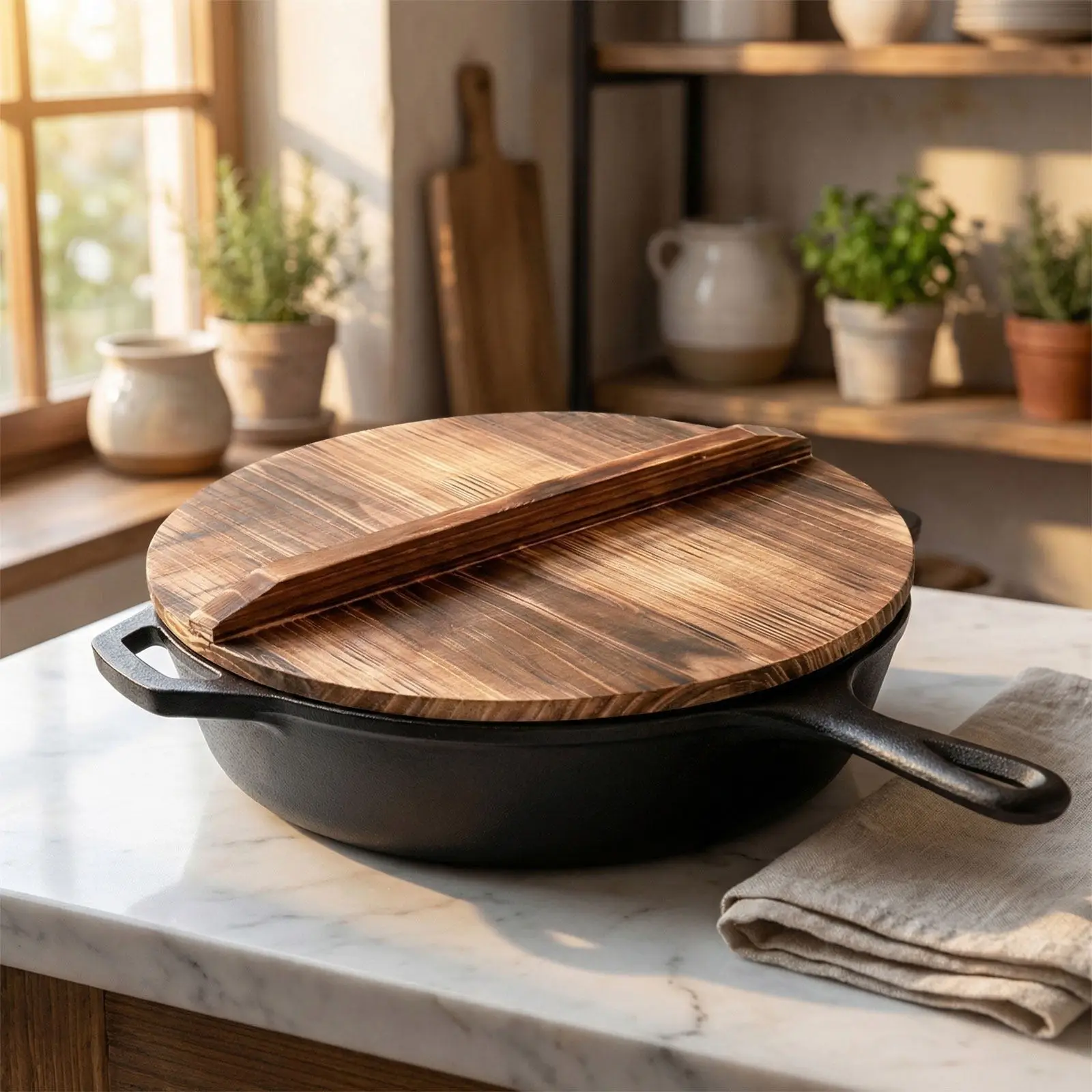 Natural Wood Round Cooking Lid 37Cm Universal Pot Cover for Wok Tamagoyaki Omelette Pan Japanese Chinese Kitchen Oil