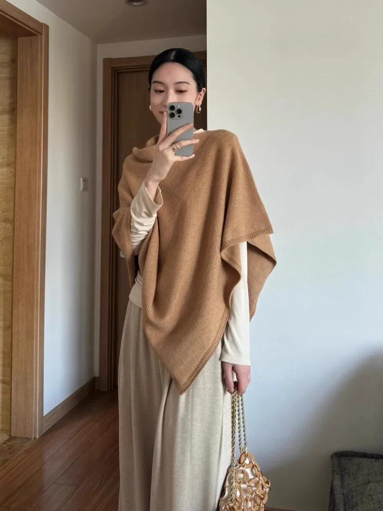 

Kaki Knitted Sweater Wrap Women's Outerwear Autumn Winter New Irregular Unique Layering Scarf Top Commute Style Regular Fit