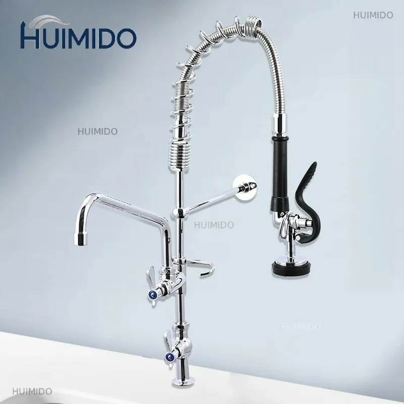 Commercial Kitchen Single Faucet Pre Rinse Sink Faucet Mixer with Swing Nozzle Single Hole Dual Lever Handle for Restaurant
