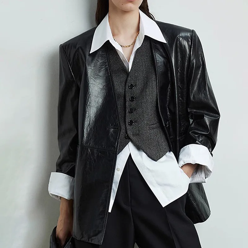 

2023 Women New Genuine Cow Leather Coat Retro Oil Wax Feeling Large V-Neck First-Layer Cowhide Suit E79