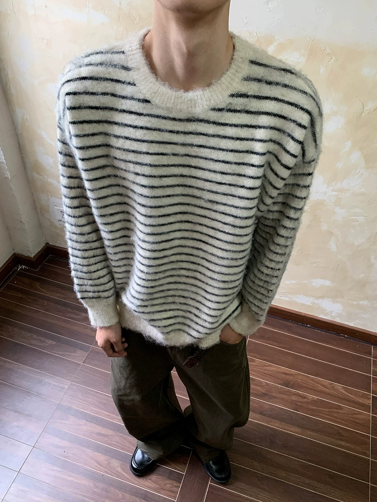 Soft Cozy Men's Oversized round Neck Knitted Sweater Autumn Winter Stripe Color Block Trendy Neutral Style Versatile Casual C...