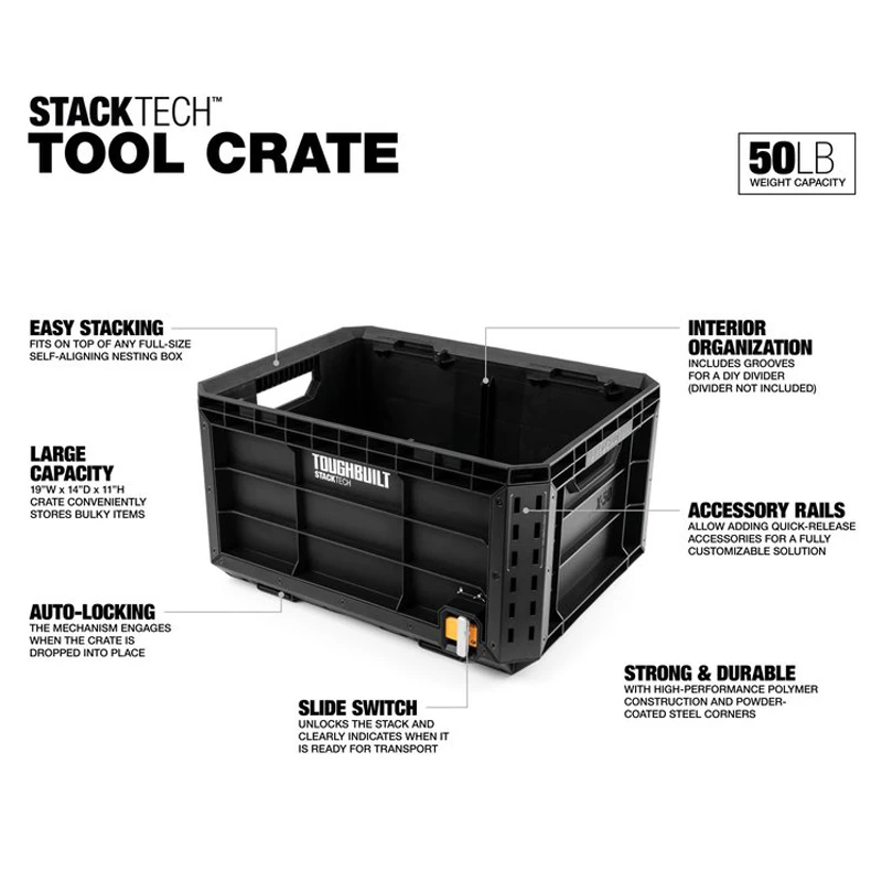 TOUGHBUILT TB-B1-X-50 StackTech Tool Crate With Rail Large Space Armored Corners Impact Resistant ToolBox