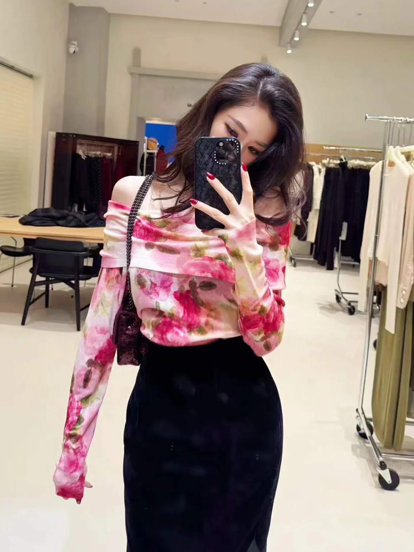 

Вязаный топ Ele One-shoulder с цветочным узором и дизайном Svel Yoke, модная повседневная женская блузка с длинным рукавом