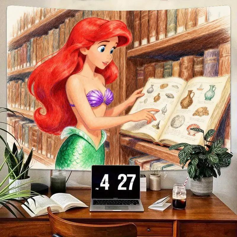 

1PC Disney Ariel The Little Mermaid Tapestry, Red Hair Princess Reading Book Library Wall Art for Girls Kids Bedroom Living Room