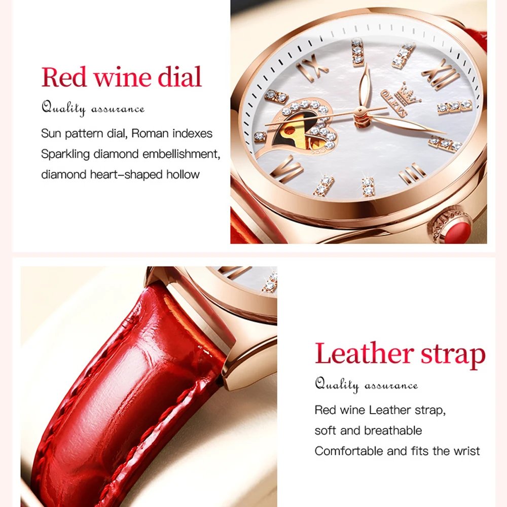 OLEVS-Montre Mécanique existent en Cuir Rouge pour Femme, Montres de Marque de Luxe, Strass, Mode, Nouveau, 138