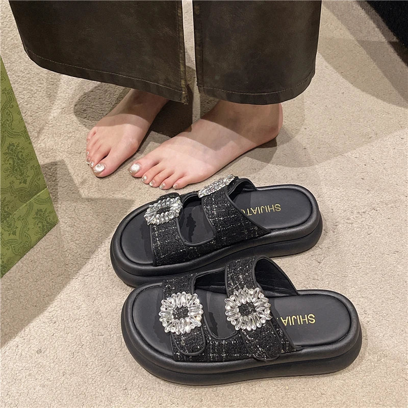 Thick Soled 2024 Summer New Casual Square Buckle Water Diamond Double Strap One Line Slipper for External Wear Sandals