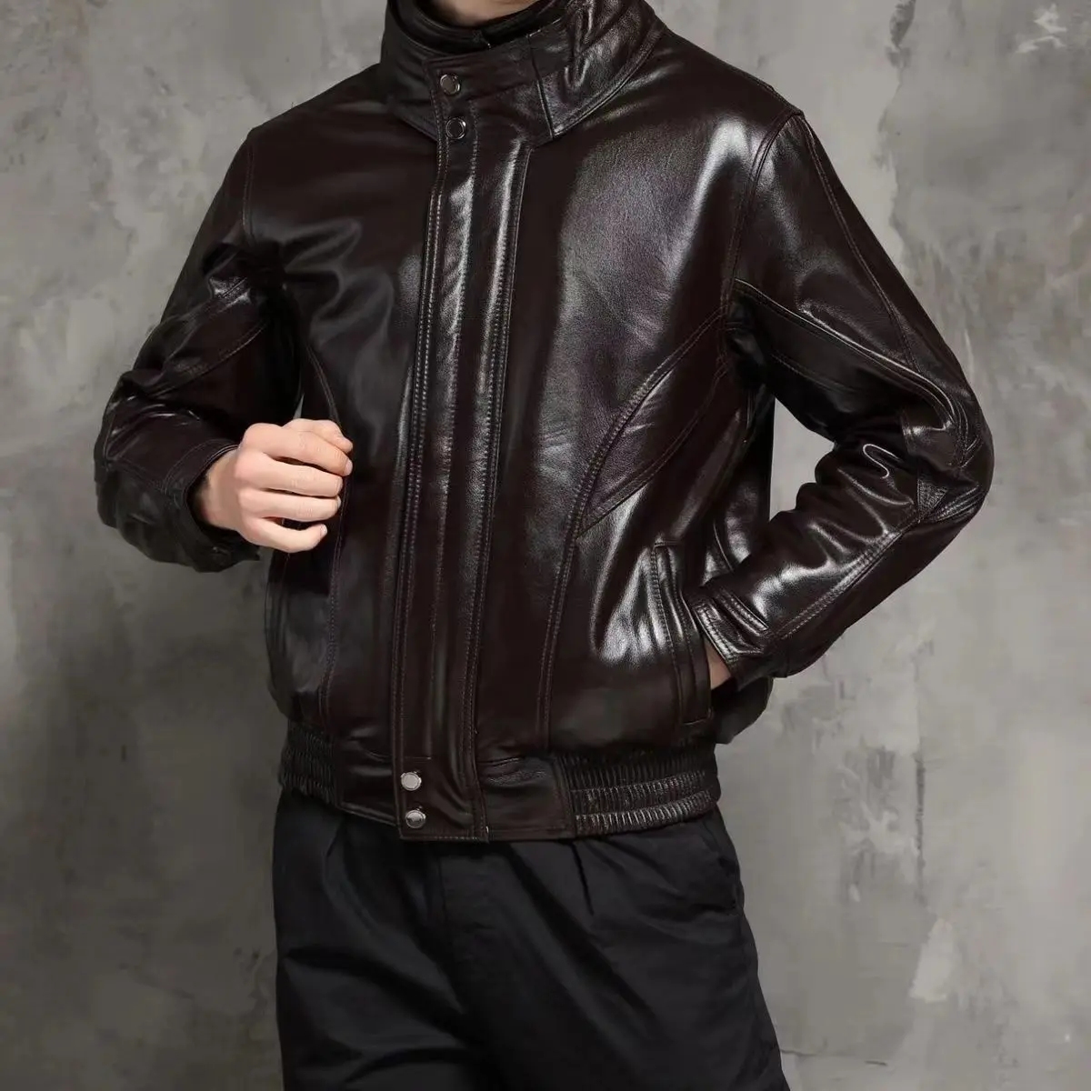 Stand Collar Real Leather Slim Jacket Coat 2024 New Autumn Winter  Men\'s Casual Fashion Trendy    T725
