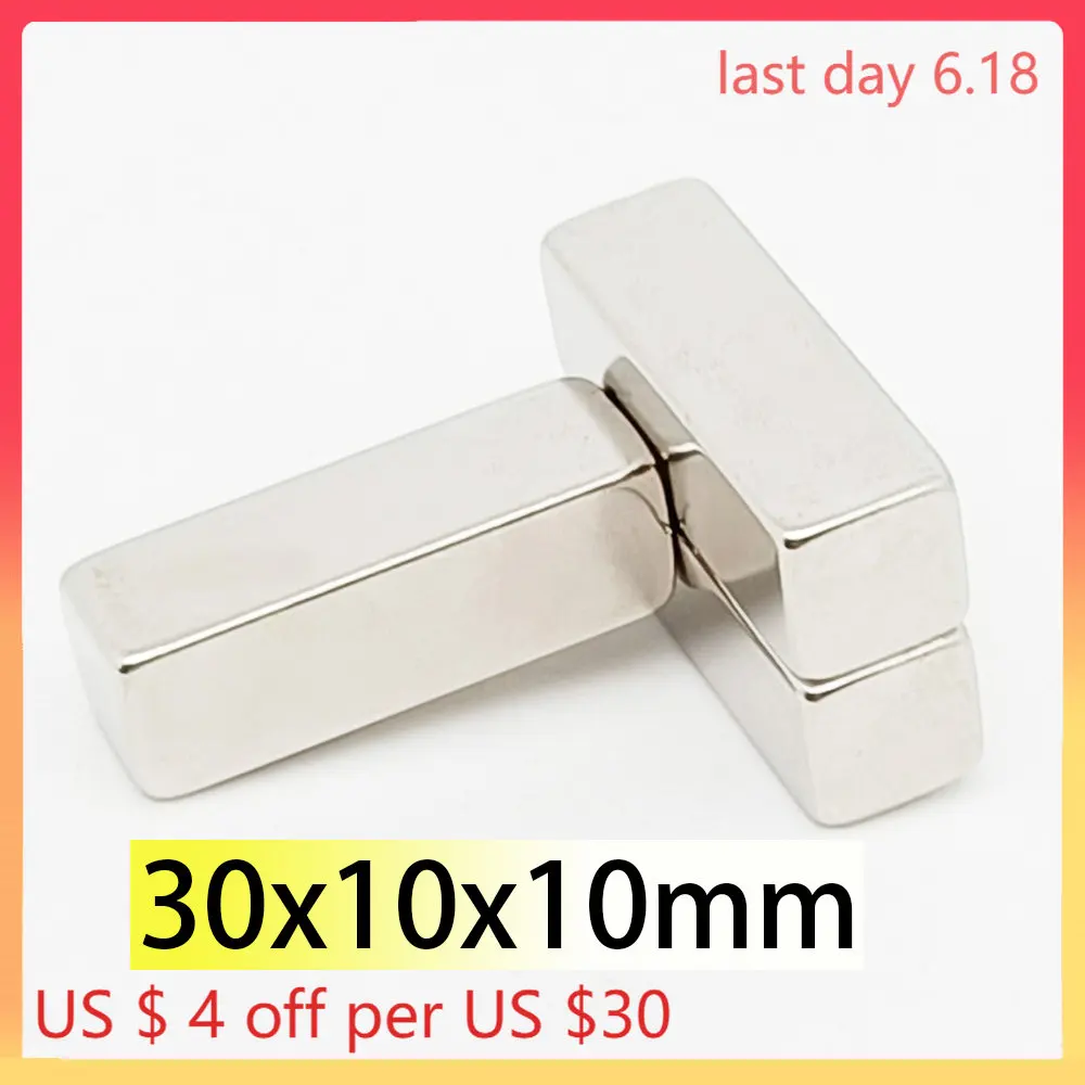 

n35 30x10x10mm Rectangle Neodymium Bar Block Strong Magnets Rare Earth Magnets for Fridge Office Family Search Magnetic