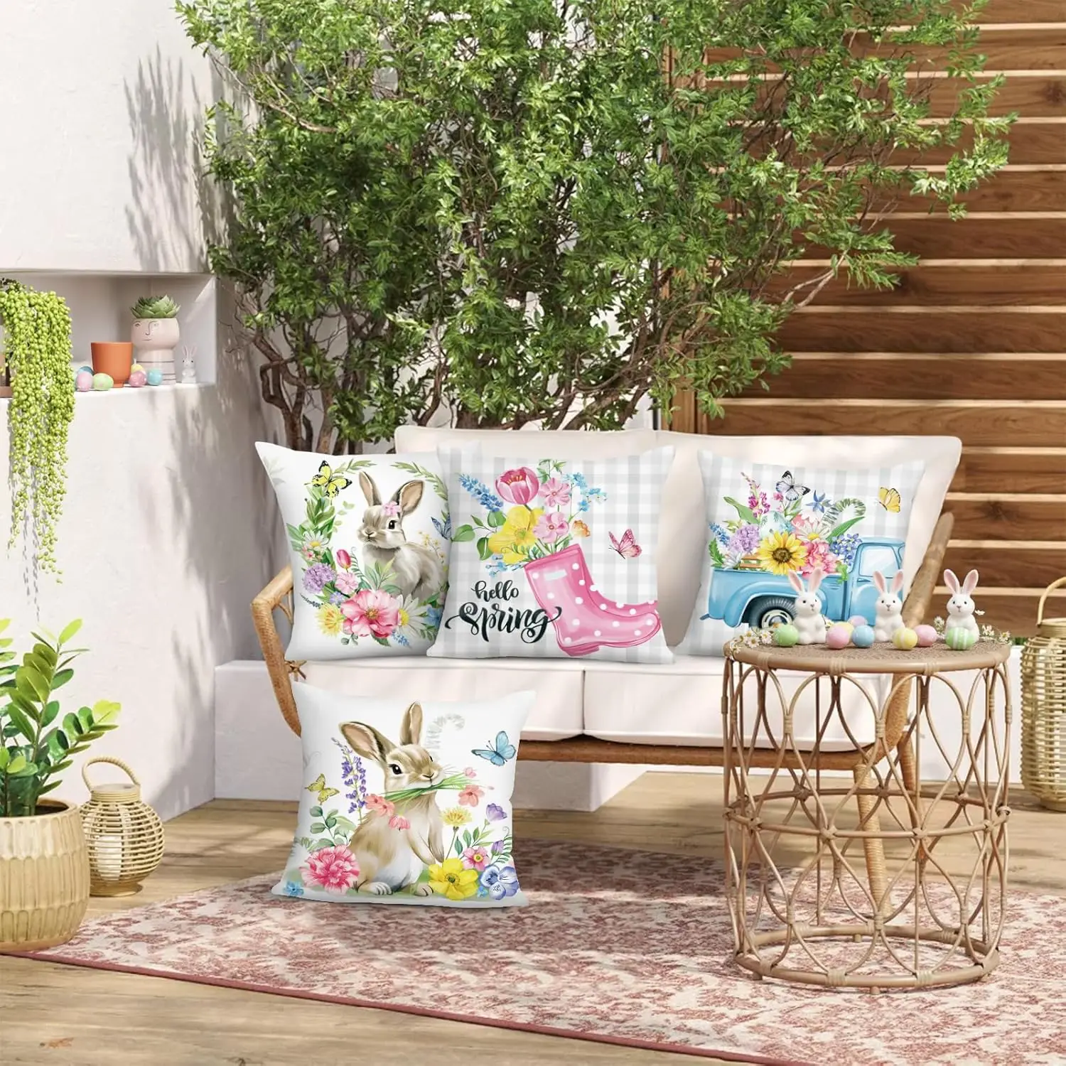 4Pcs Hello Spring Bunny Throw Pillow Covers Floral Truck Cushion Cases Living Room Bedroom Sofa Farmhouse Spring Home Ornament