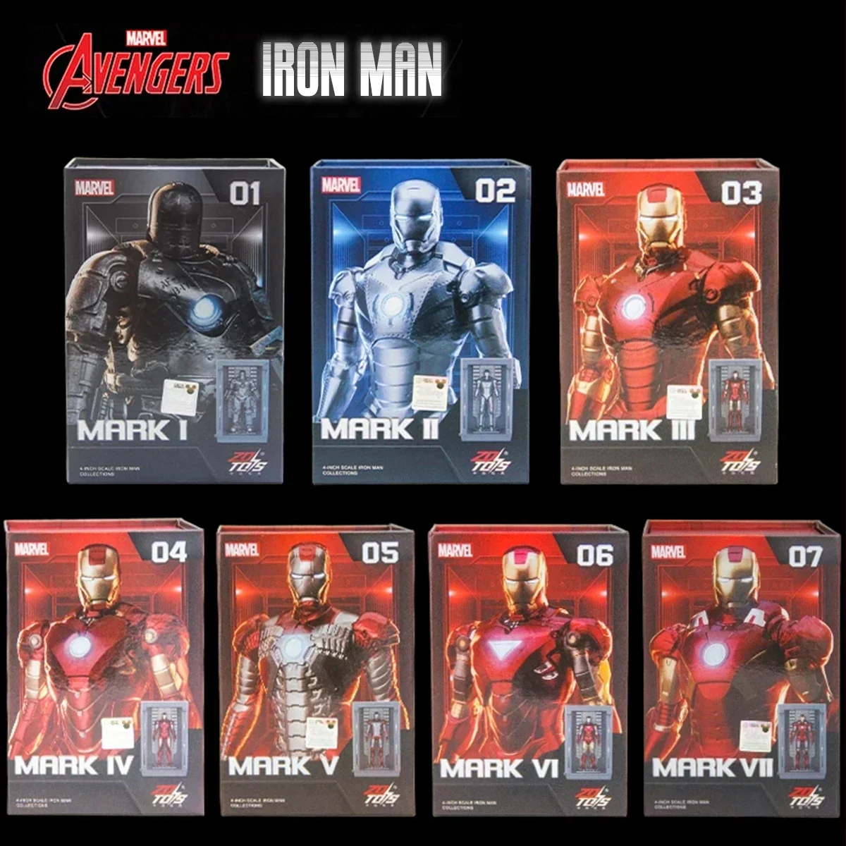 

ZD Toys Iron Man MK1 MK2 MK3 MK4 MK5 MK6 MK7 Model Glowing Gnaku Set 7style 4in Action Figures Collect Model Ornaments Boy Gifts