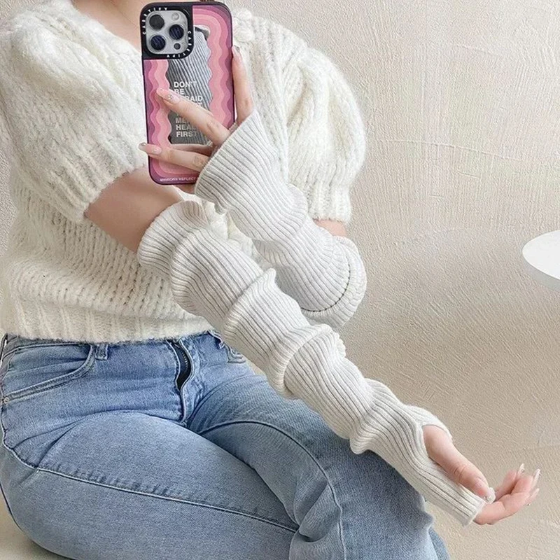 Women Knitted Arm Warmers Long Warm Arm Sleeves Fingerless Thumb Hole Gloves Winter Wrist Warmers Over Elbow Gloves