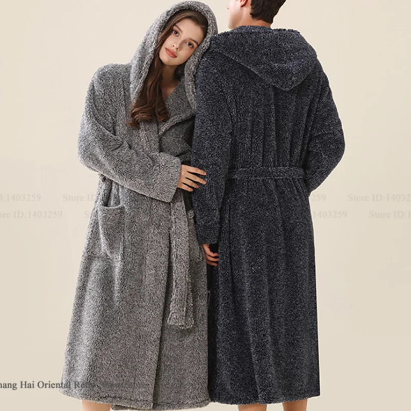 

Зимний фланелевой халат для пар, халат с капюшоном, кимоно, утепленная теплая одежда для сна из кораллового флиса, домашняя одежда, свободная повседневная домашняя одежда