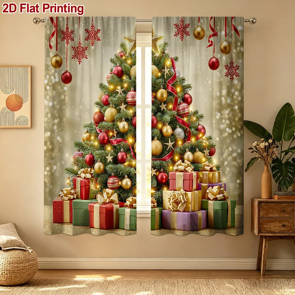2PCS Christmas Curtains, Christmas Tree Gift Box Ball, Digital Print, Bedroom Living Room, Rod Pocket Polyester, Home Decor