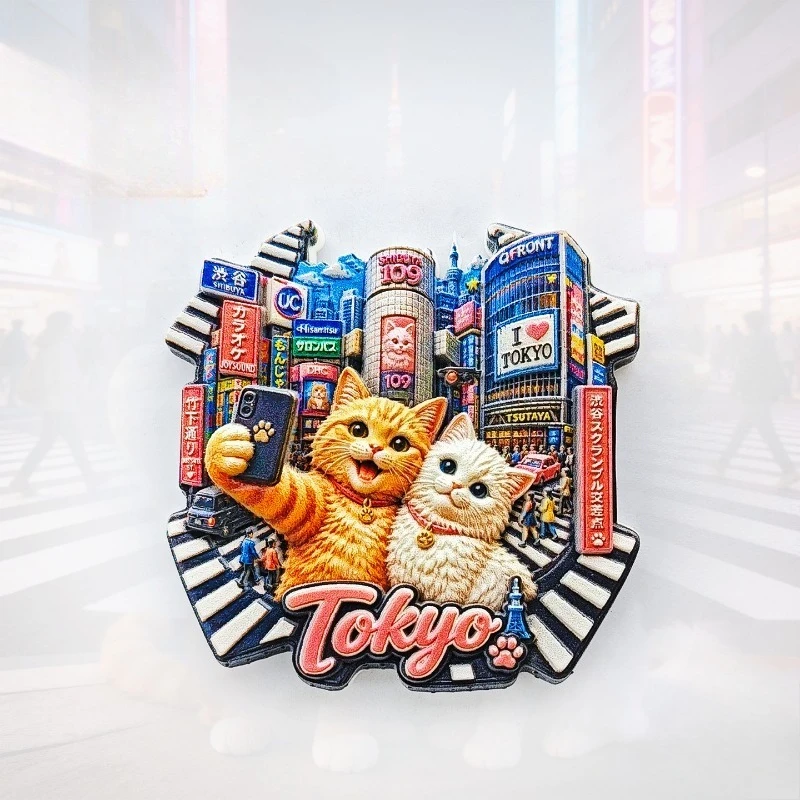 Shibuya Cat Selfie Fridge Magnet - Playful 3D Tokyo Street Souvenir Unique Japanese Urban Gift for Travel & Pop Culture Decor