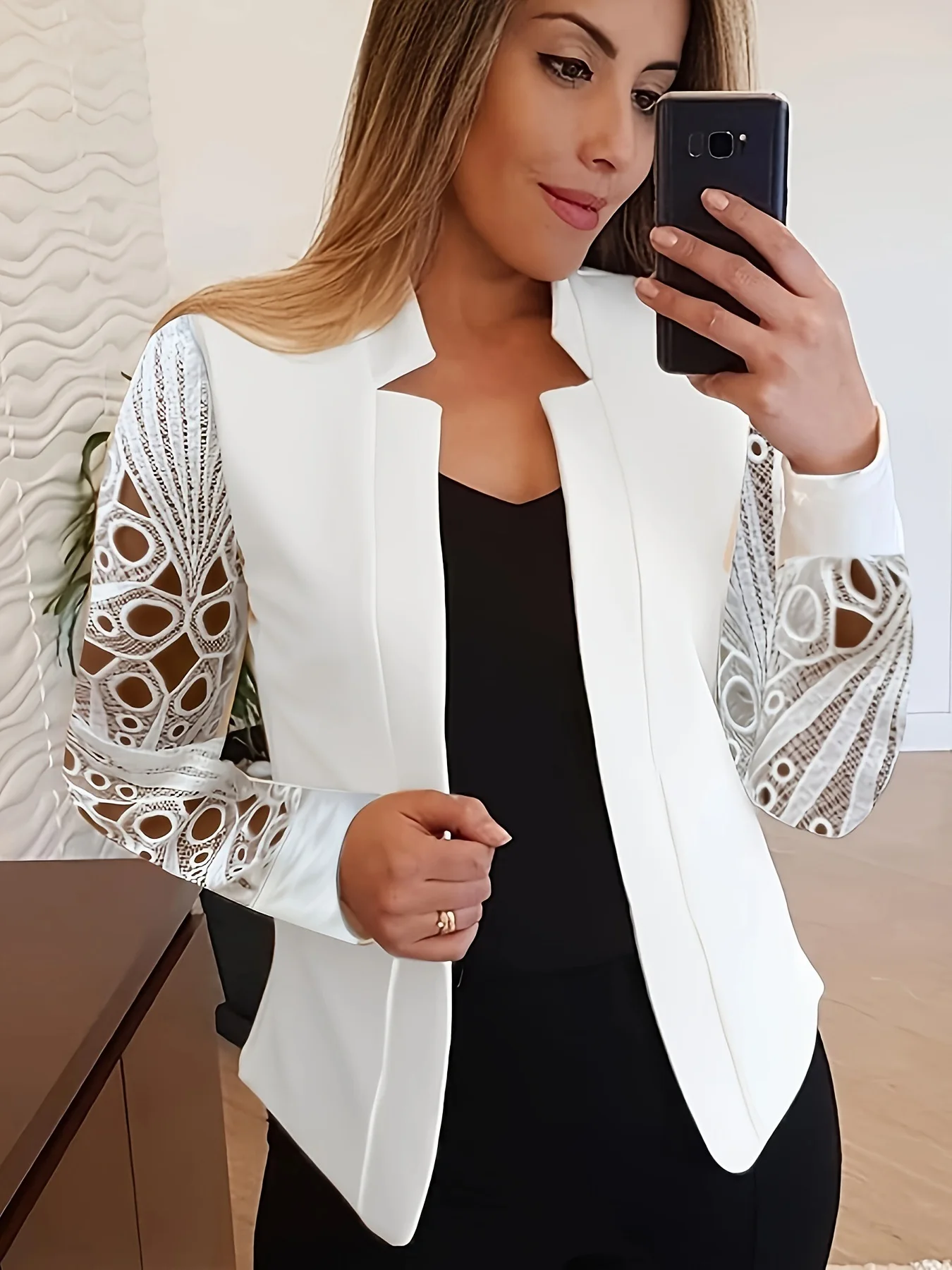 Women Solid Lace Full Sleeve Tailored Coats Strand Collar Cardigan Blazer Regular Fir Office Ladies Jackets Autumn 2023