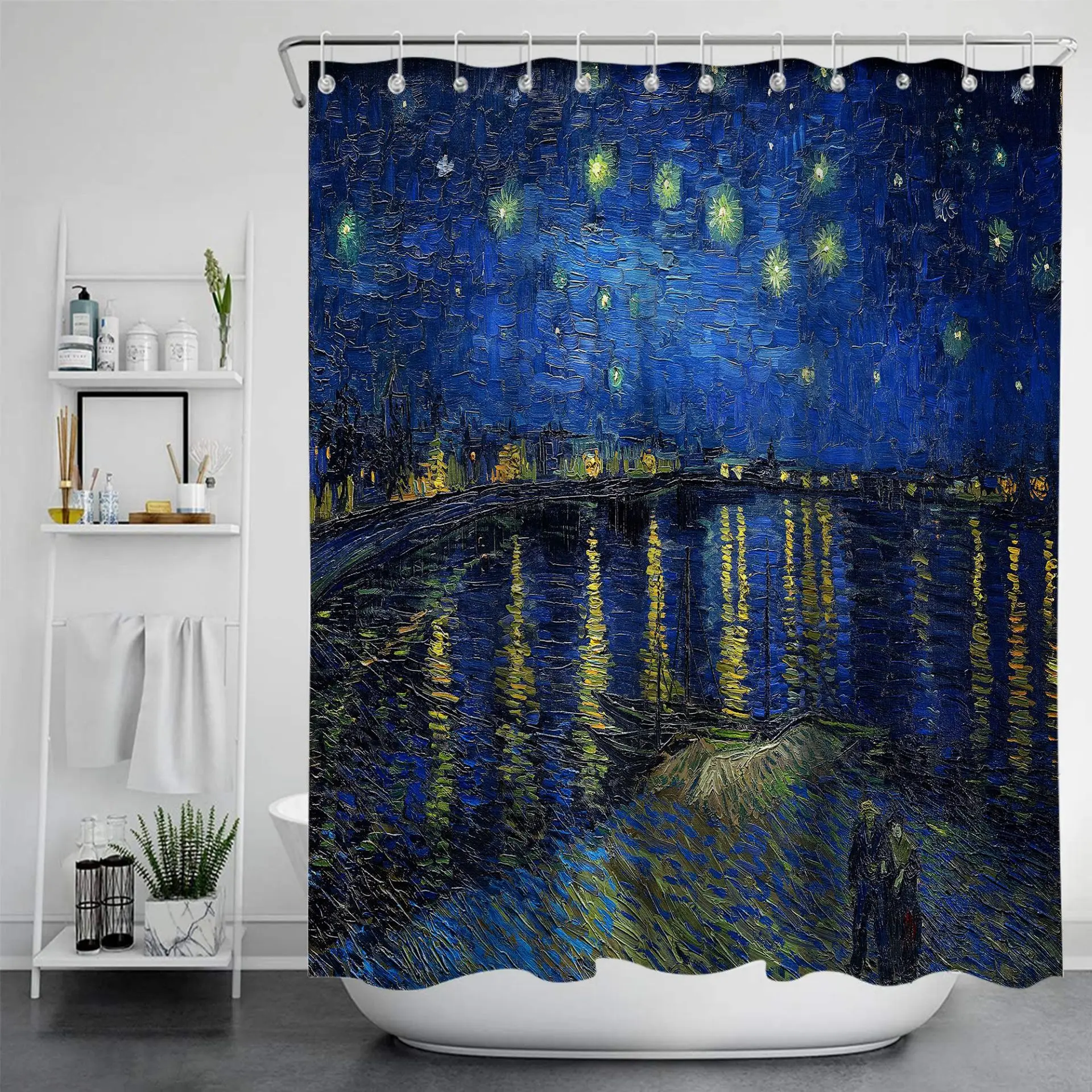 Van Gogh Painting Waterproof Anti-mildew Shower Curtain No Punch Printed Bathroom  Sanitary Towel Bath Partition