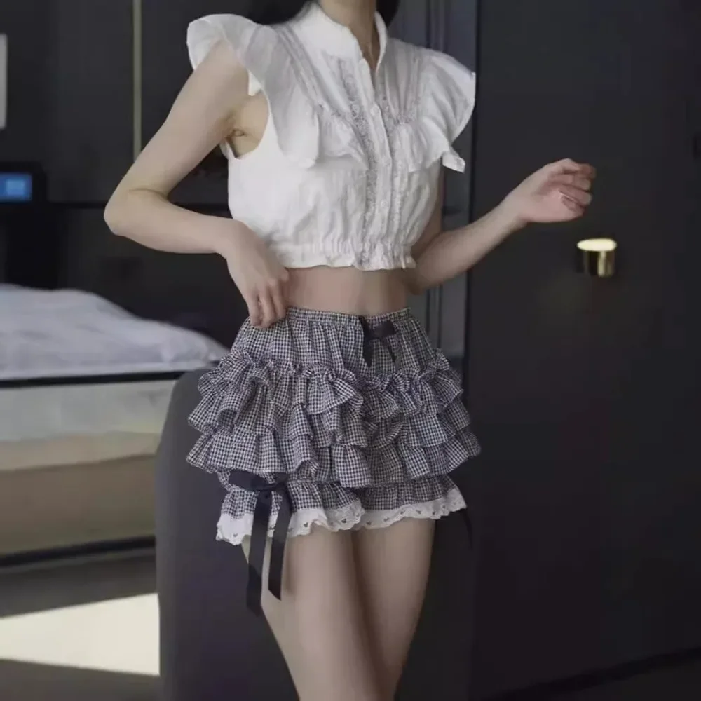 Lolita Short Maid Ruffle Shorts Womens Cute Lace Trim Layered Ruffle Bloomers Short Cotton Bowknot Frilly Security Short Pants