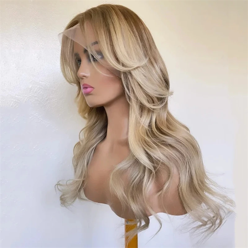 

Soft Baby Hair Wig Ombre Highlight Ash Blonde with Brown Streaks 13x4 Synthetic HD Lace Front Wigs for Women Natural Body Wave
