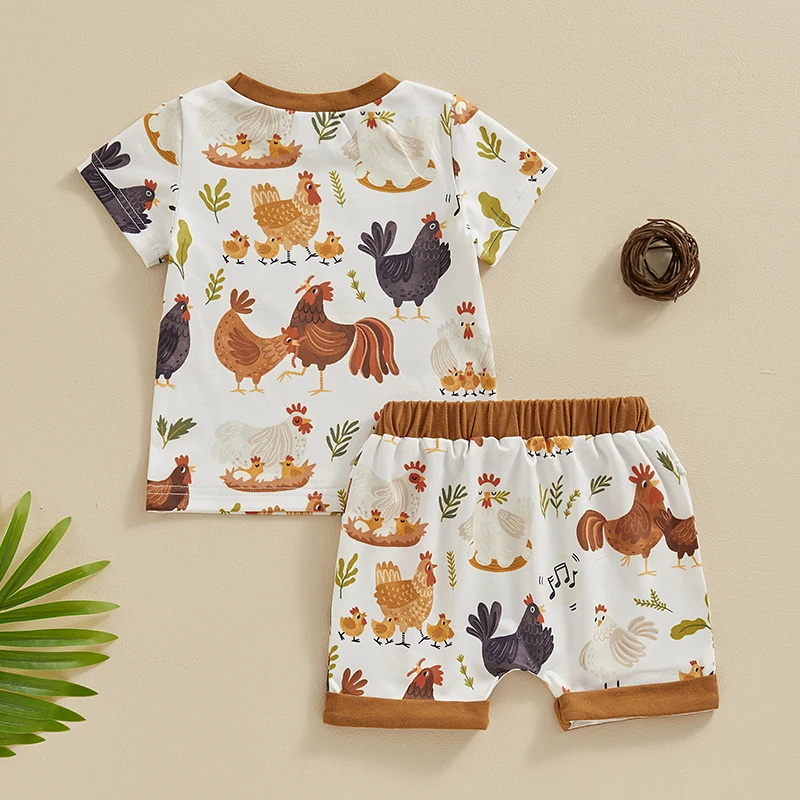 Toddler Baby Girls Boys Shorts 2 Pcs Outfit Cartoon Hen Print Short Sleeve Round Neck T-Shirt with Shorts for Summer