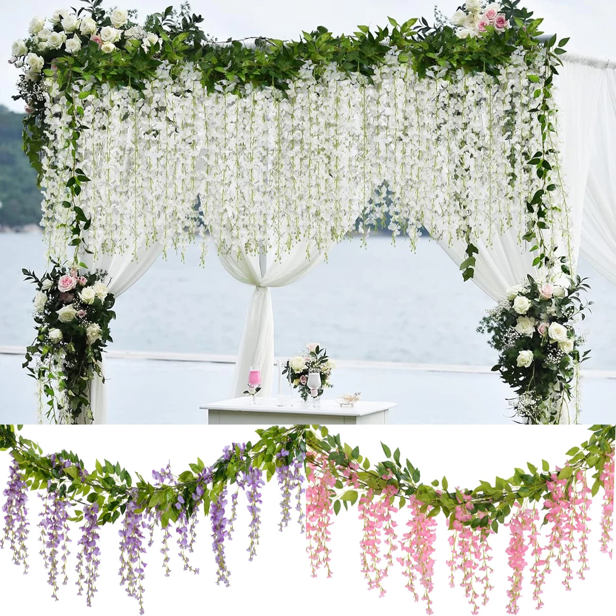 Yannew 4pcs Wisteria Garland Artificial Flowers Silk Hanging Wisteria Vine for Home Ceremony Rustic Wedding Arch Floral Decor