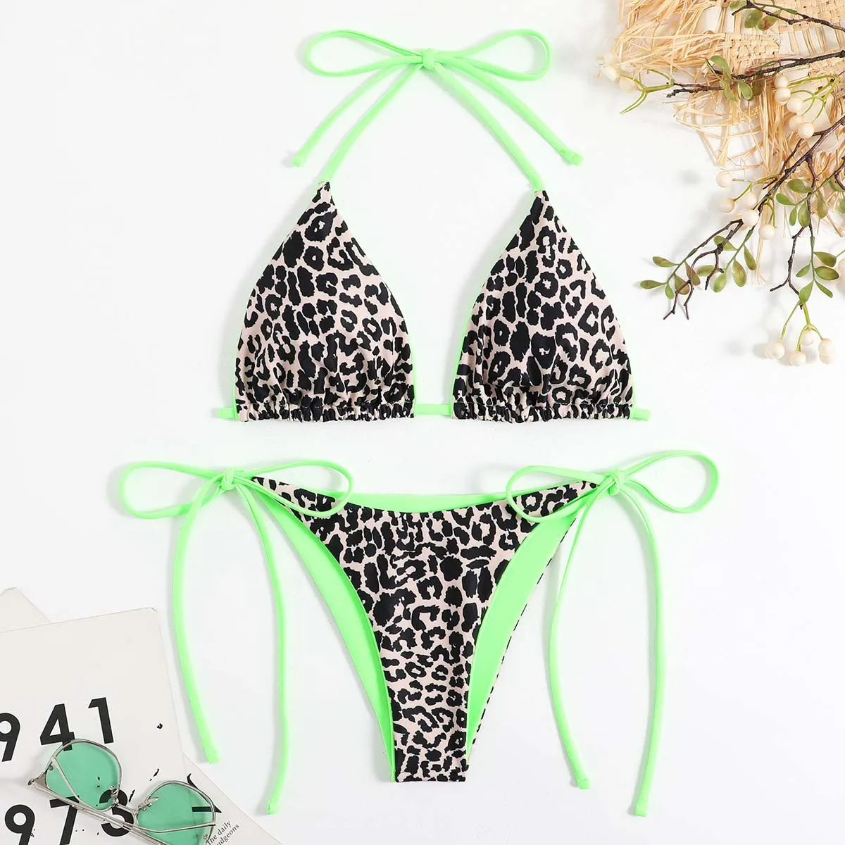

Women's 2 Piece Bikini Sets Leopard Print Halter Tie Triangle Bathing Suit