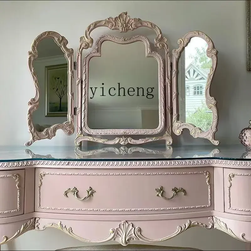 ZC Vintage Distressed Pink Dressing Table Solid Wood Carved Dressing Table Dressing Stool Glass Combination Complete Set