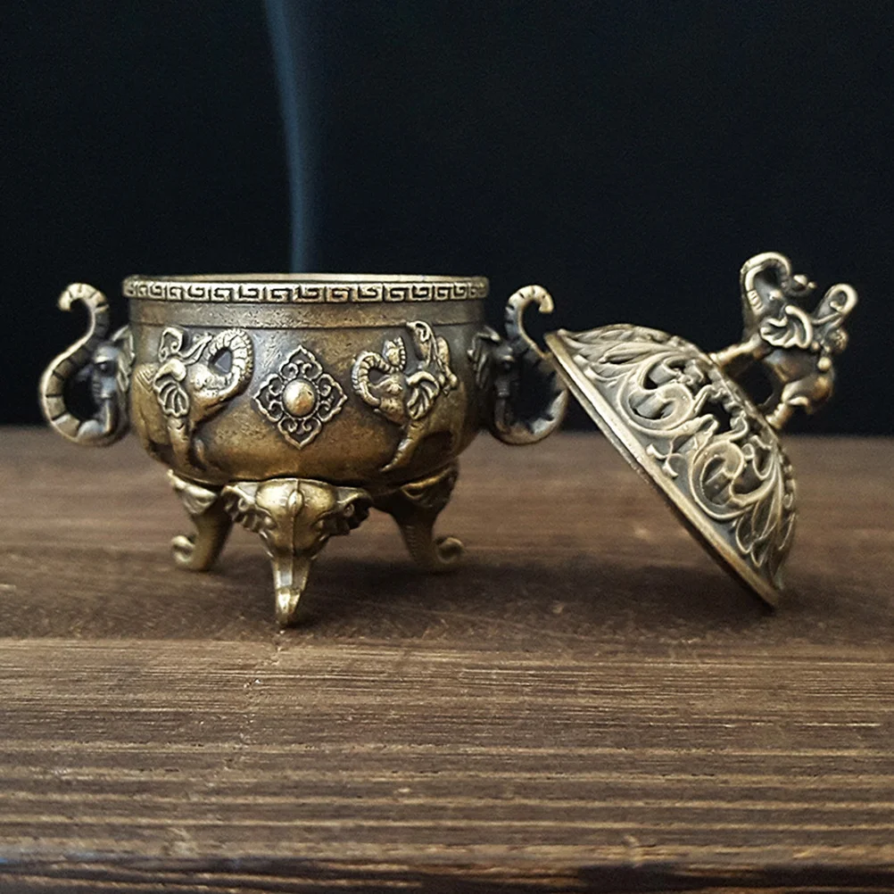 

Style Mini Copper Censer with Lid Three-Legged Elephant Motif Incense Burner for Sticks Cones Burning Hollow-Out Design