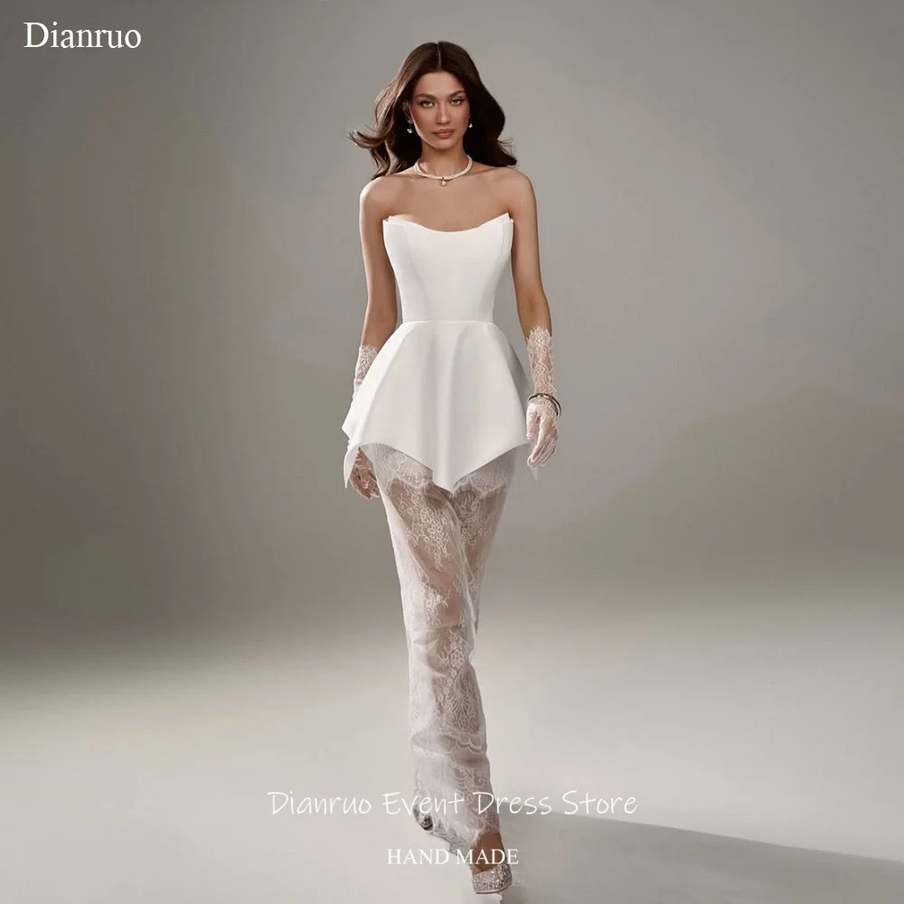 Dianruo See Through Lace Wedding Dress Lace Up Back Appliques Vestido De Noiva Pleated Sleeveless Evening Dresses Customized
