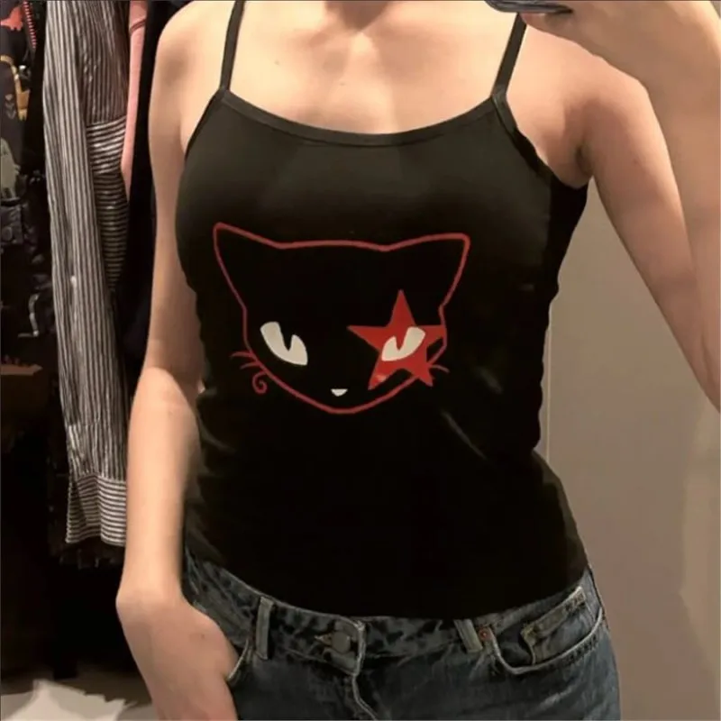 

European and American style 2025 fashionable cute cat print fashionable slim fit and slimming solid color suspender strapless wo