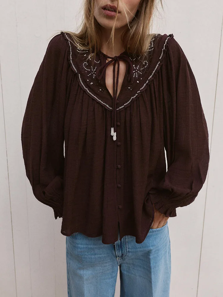 

Модная повседневная блузка с вышивкой бисером, новинка зимы 2025, женская одежда, этнический сценический костюм