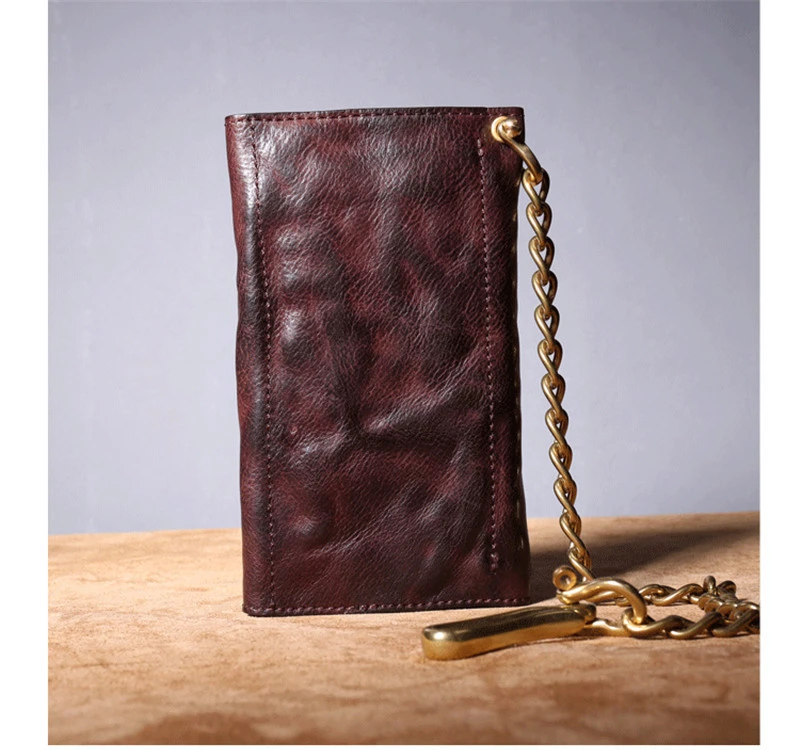 

Vintage vegetable tanned cowhide men's long chain wallet fashion designer handmade genuine leather ID multi-card clutch bag