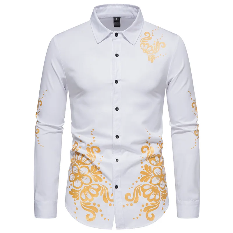 Men\'s shirt casual and comfortable gold wing floral print shirt 2024 hot selling slim long sleeve formal shirt business fashion