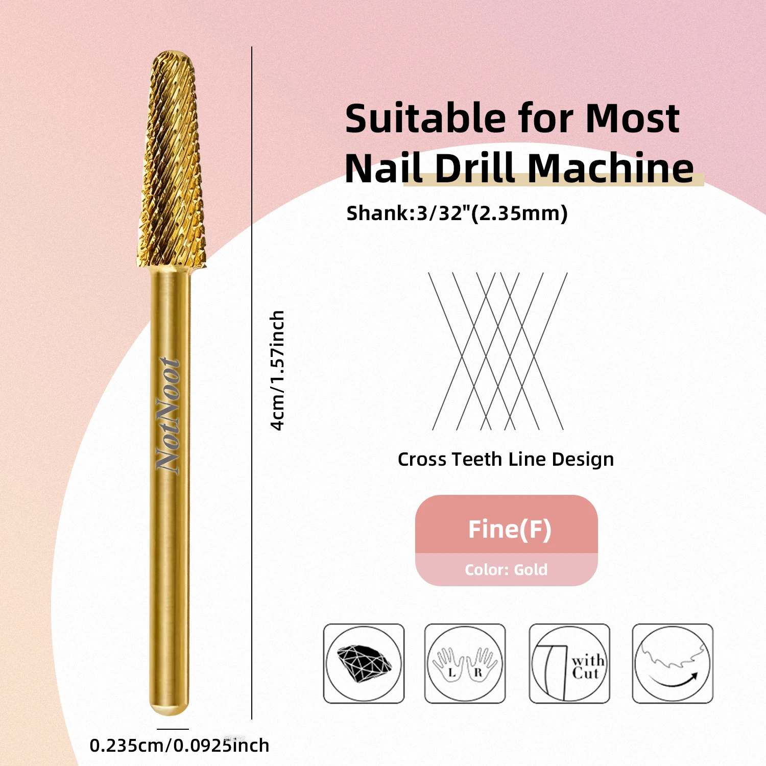 NotNoot 1 Stück Nagelbohrer, 3/32'' Hartmetall Multifunktionsbohrer, Geeignet für Maniküre Pediküre Nagelhaut Gel Polieren, Gold – Detail 4