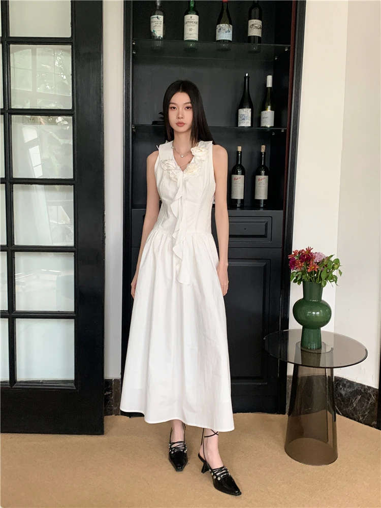 CHEERART Designer White Sleeveless Long Dresses Summer 2024 Woman Ruffles V Neck A Line Midi Dress Women Clothing