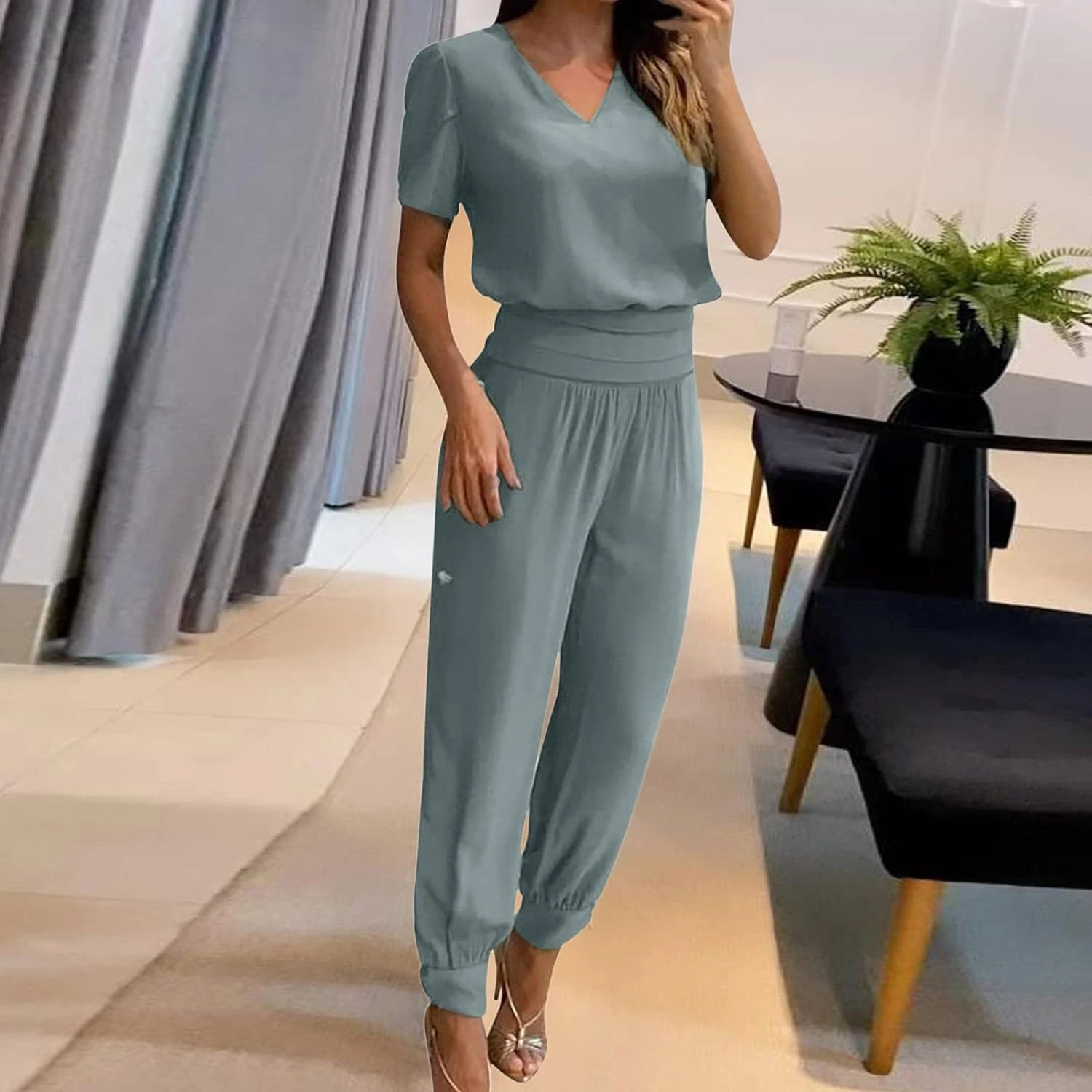 Effortlessly chic and stylish 2-piece summer outfits for women - fashionable V-neck crop tops paired with trendy long pants sets