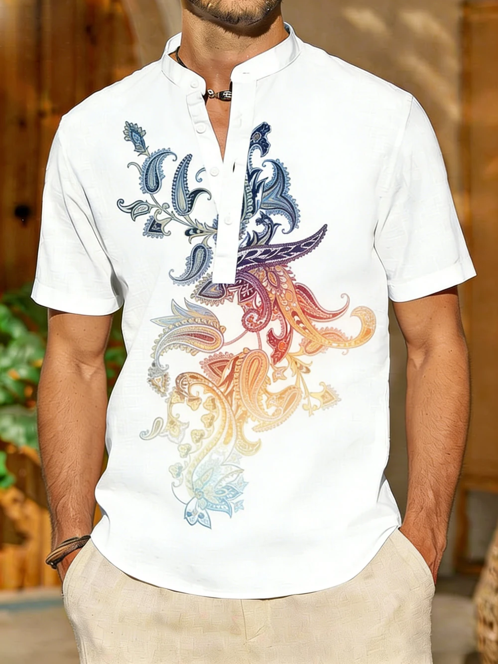 

Men's Summer Linen Short Sleeve White Shirt Natural Abstract Printed Shirt Hawaii Vacation Outdoor Social Shirt Fast Shipping