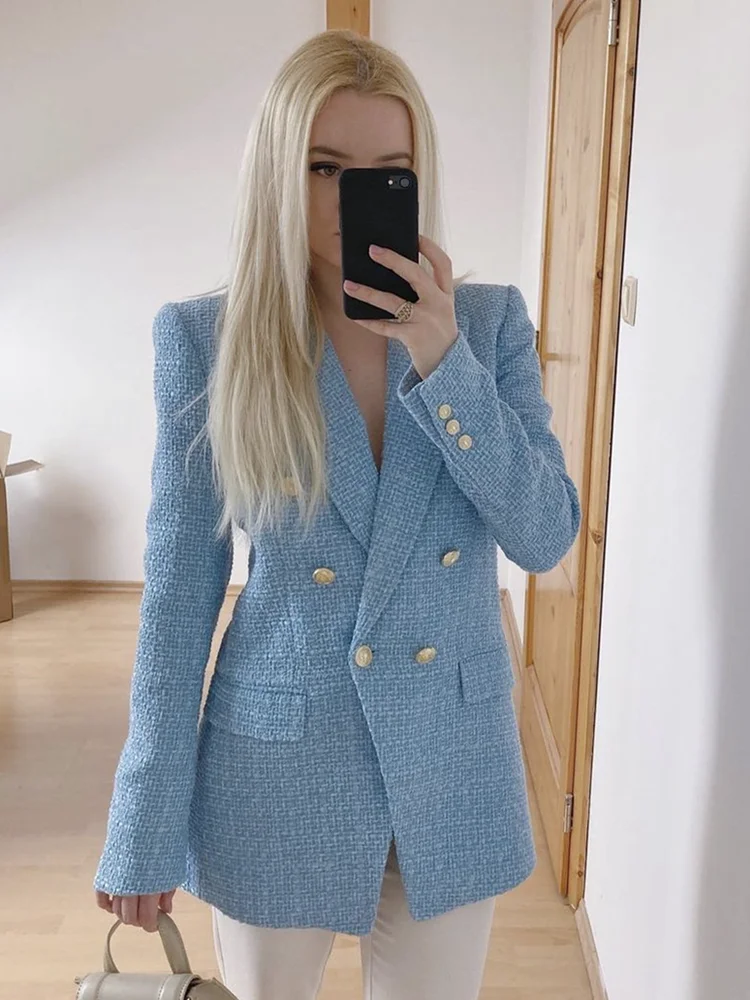 Women Fashion Blue Tweed Blazer Jacket 2022 New Office Lady Double Breasted Pockets Vintage Female Coat Chic Streetwear Traje