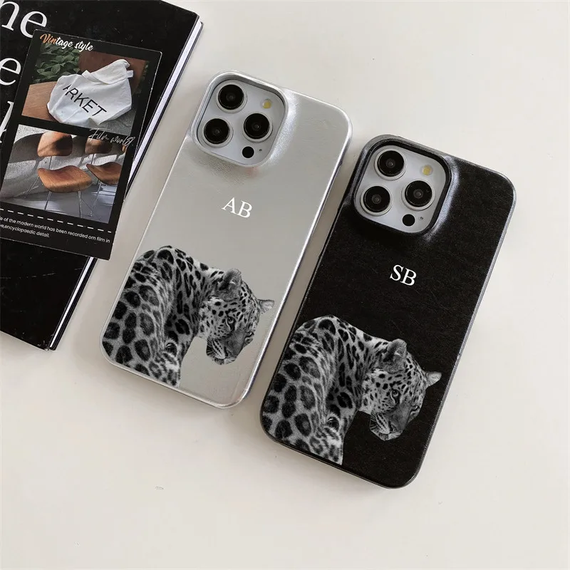 Customized Name Glitter PU Leather black Leopard Case For Iphone 13 12 16 14 Pro Max 15plus XS MAX Cases Hard Metallic PU Covers