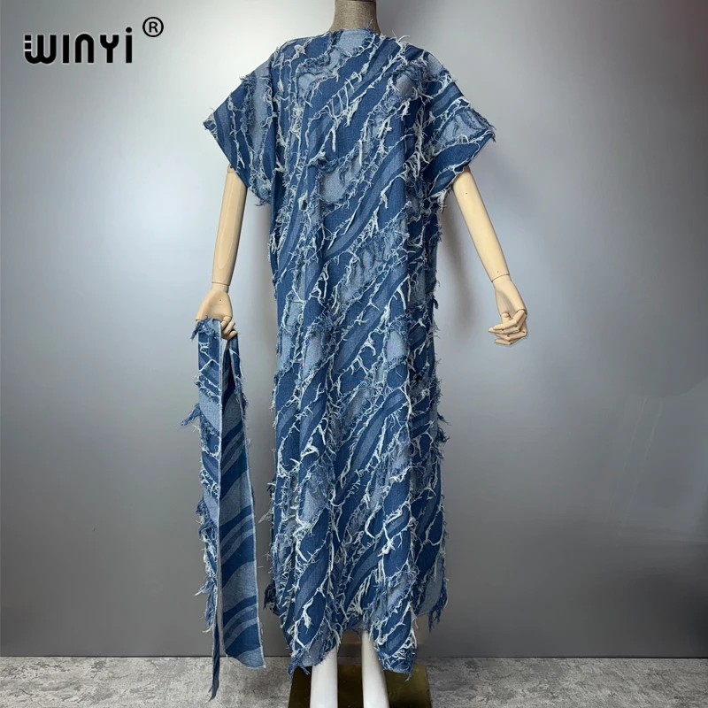 

WINYI Original Make an old printed denim dress summer Fashion Africa Womens vestidos holiday Casual Maxi dress with belt