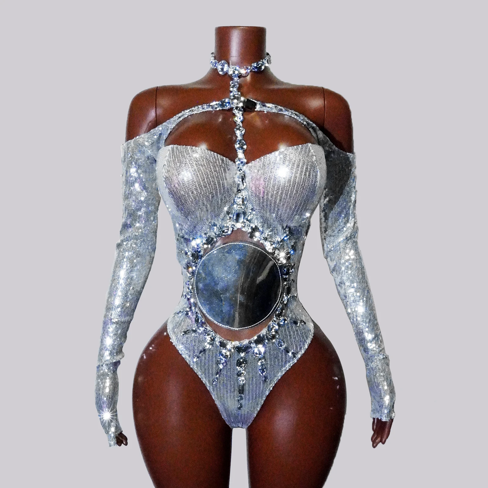 

Glitter Silver Rhinestone Sequin Mirror Bodysuit Sexy Singer Club Prom Birthday Party Drag Queen Dance Costumes NightClub Show