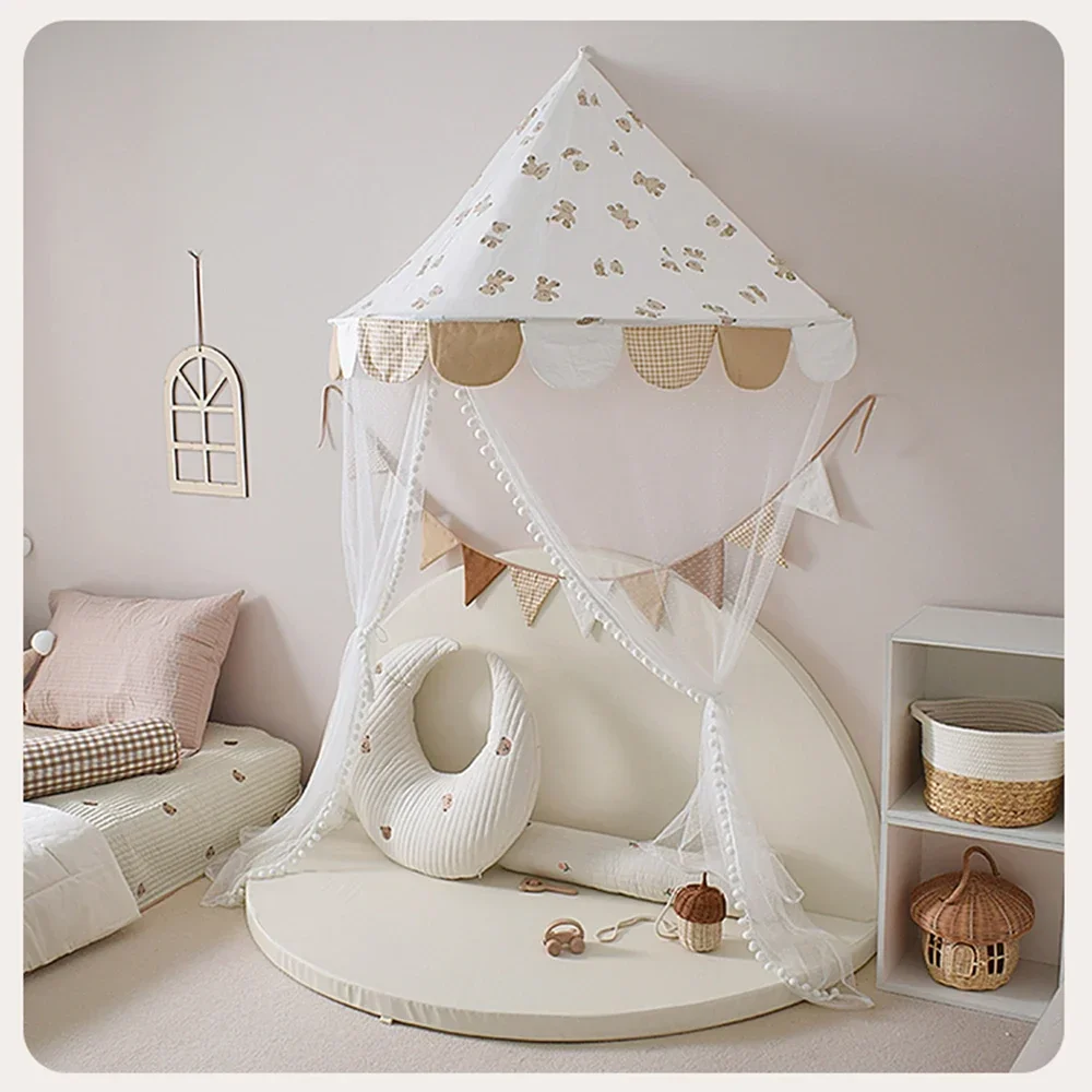 Cute Bear Rose Print Kids Play Tent Nordic Style Baby Bed Tent Canopy Crib Netting Portable Play House For Children Room Decor
