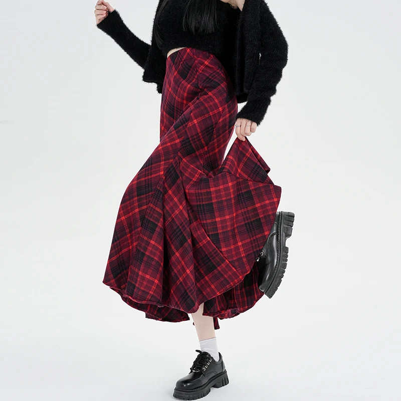 Vintage Red Plaid Wool Blend Mermaid Maxi Skirt Women High Waist A-Line Large Swing Long Wrap Skirt Fall Winter Elegant Skirt