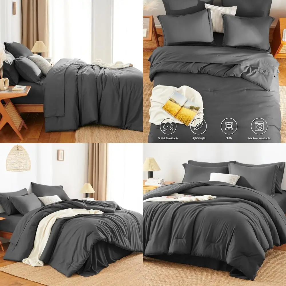 

Комплект постельного белья из 7 предметов для кровати размера Queen в темно-сером цвете: одеяло, простыня, натяжная простыня, наволочки и декоративные наволочки для всесезонного комфорта