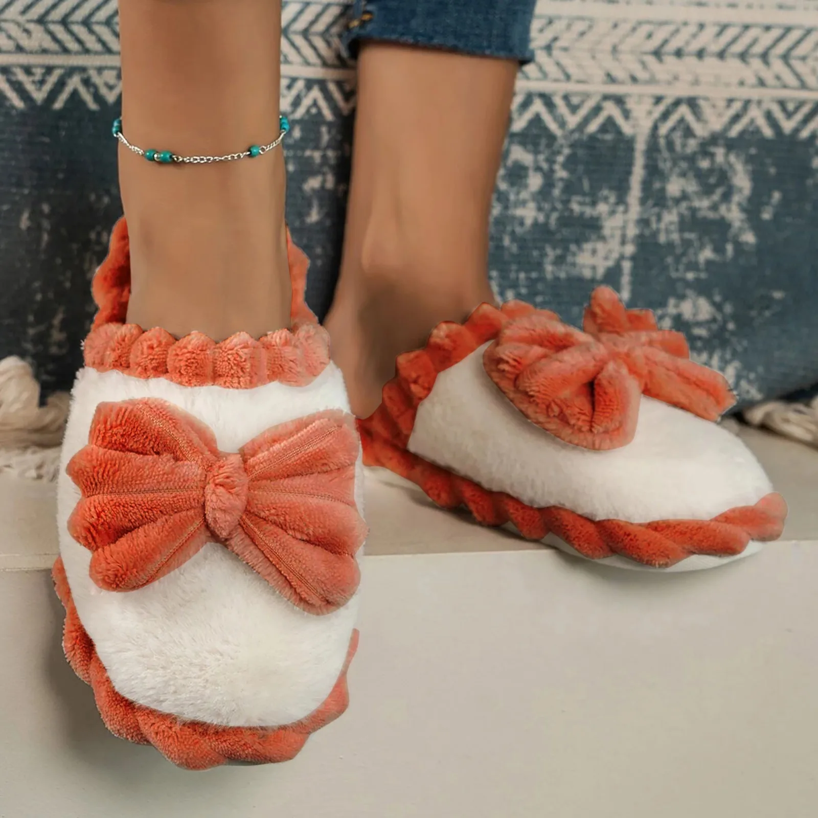 

Cute Bow Cartoon Home Shoes Lady zapatos para mujer Warm Flat Heel Women Cotton Slippers Soft Sole Fuzzy Winter Plush Indoor