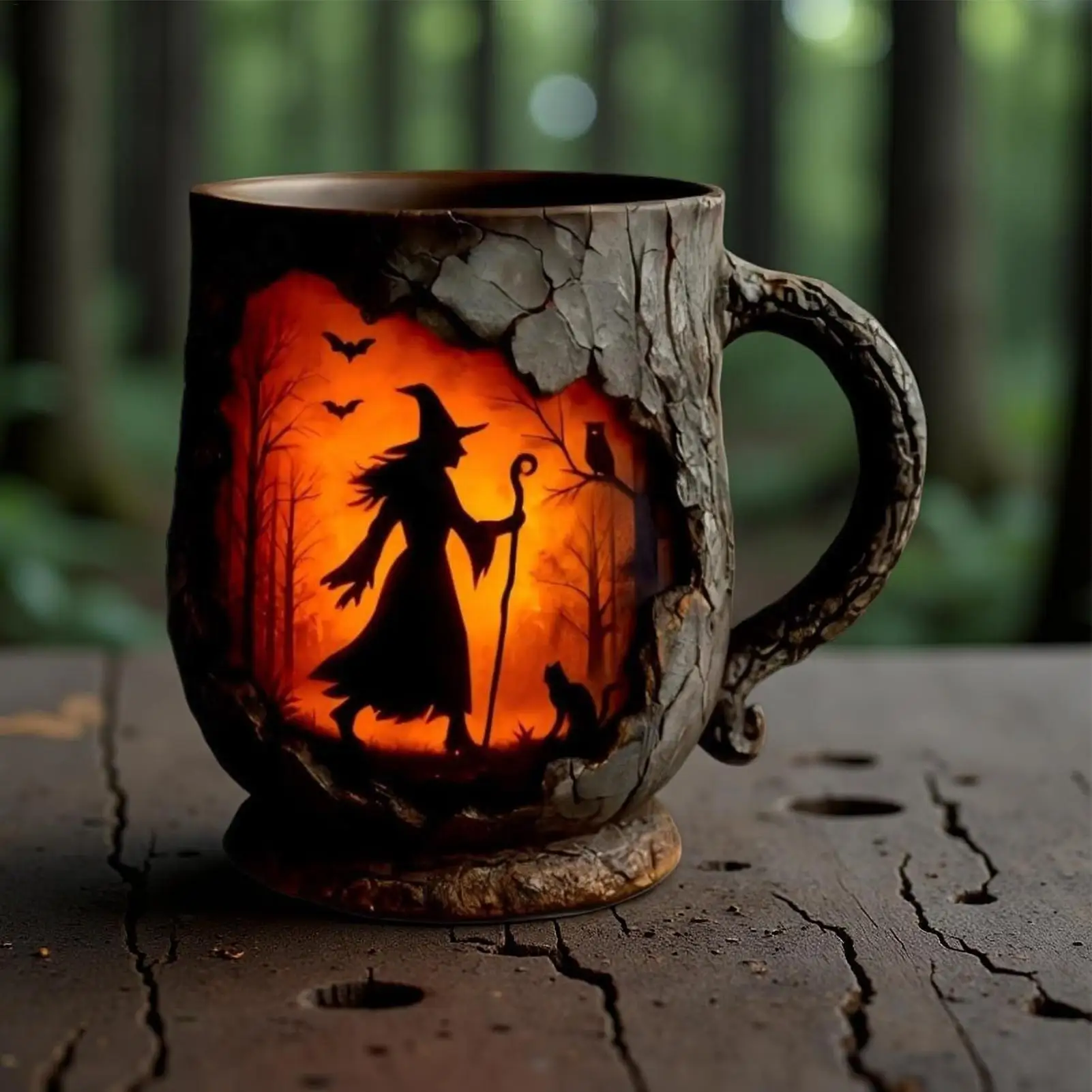 Funny Mug 386ml Witch Mug Witch With Fire Pattern 3D Tree Bark Texture Ergonomic Handle Cup For Friends Coworker Teacher