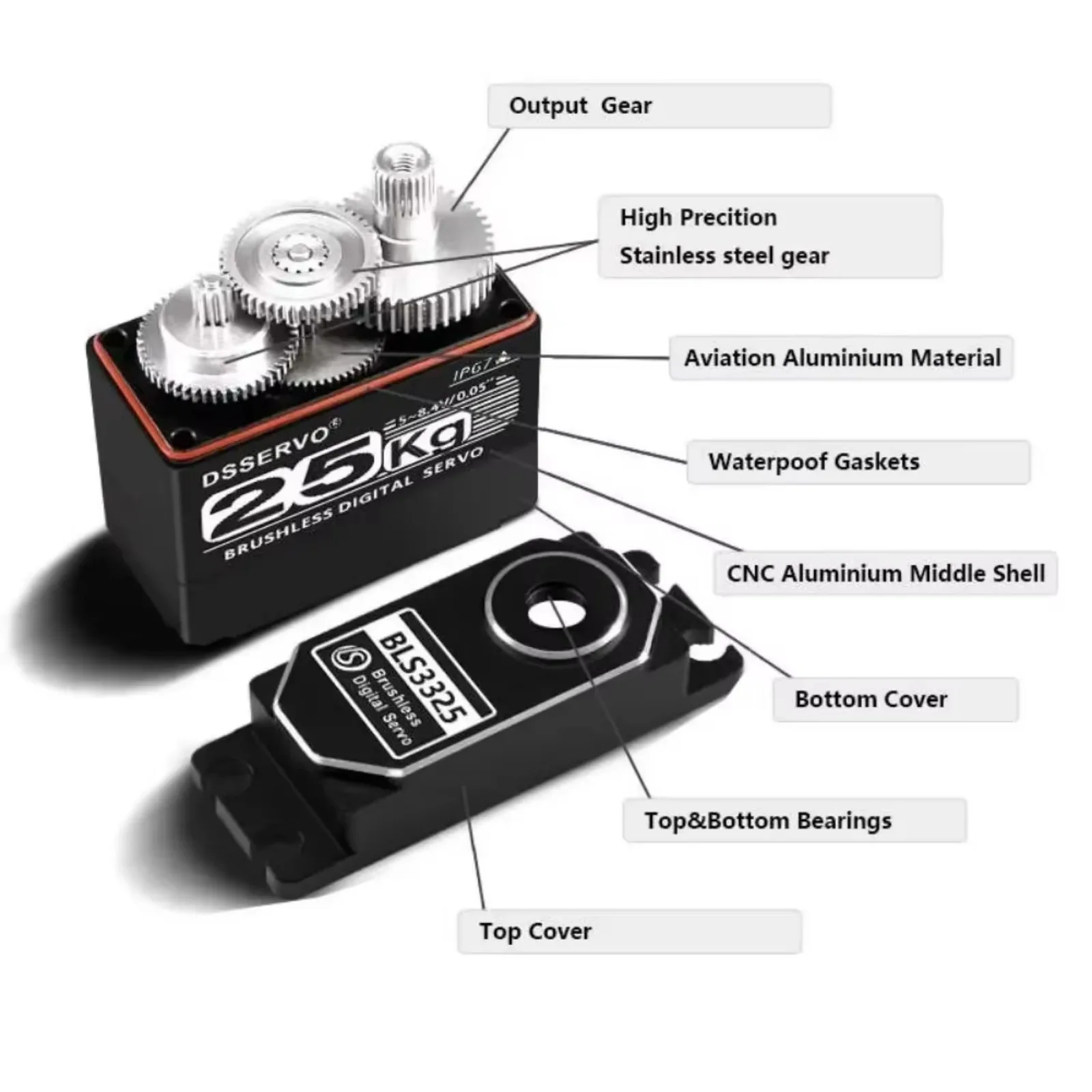 BLS3325 25KG servomoteur numérique tout en métal IP67 étanche 7.4V haute vitesse sans brosse pour 1:8/1:10/1:12 Robot de voiture RC [1/2/4 ensembles]